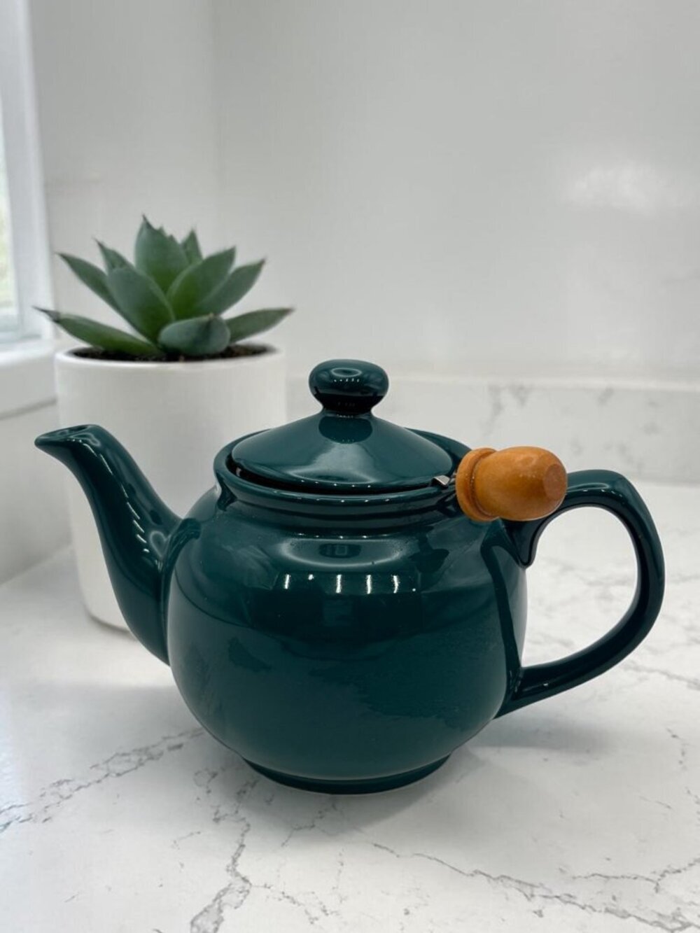 Dark Green Ceramic Teapot w/Stainless Steel Infuser & Wooden Handle Lid – Modern - Picture 2 of 11